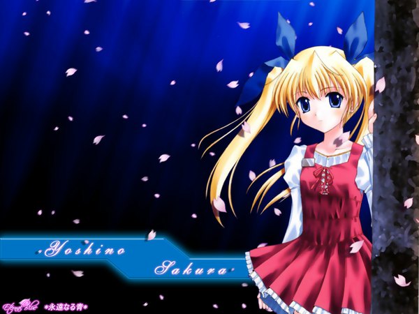 Anime picture 1024x768 with da capo yoshino sakura saitou tsukasa single long hair looking at viewer blue eyes blonde hair twintails long sleeves wind character names third-party edit girl dress petals pink dress