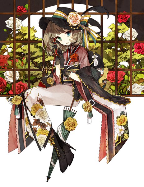 Anime picture 617x800 with idolmaster idolmaster cinderella girls idolmaster cinderella girls starlight stage takagaki kaede mo (mocopo) single tall image looking at viewer short hair brown hair sitting full body traditional clothes japanese clothes high heels heterochromia floral print closed umbrella girl gloves