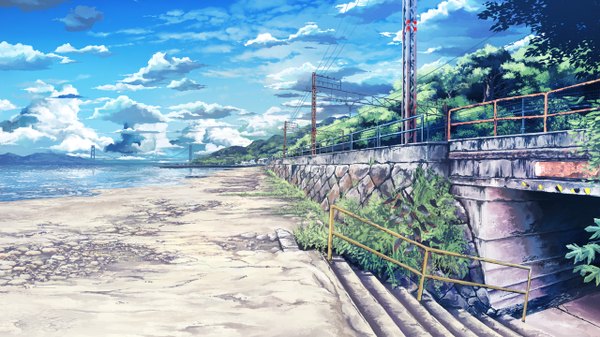 Anime picture 1280x720 with original gom jabbar wide image sky cloud (clouds) no people landscape plant (plants) tree (trees) water grass stairs wire (wires) power lines