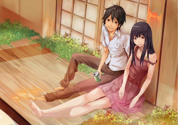 Anime picture 2047x1447 with kimi ni todoke production i.g kuronuma sawako kazehaya shouta gen'ichi long hair highres short hair black hair red eyes purple eyes barefoot legs couple girl boy plant (plants) shirt sundress bottle