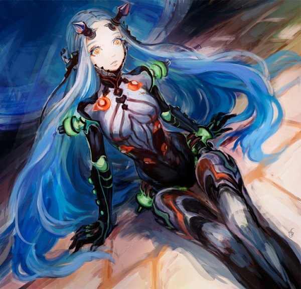 Anime picture 1000x960 with original iwamoto zerogo single long hair sitting blue hair horn (horns) orange eyes skin tight girl android