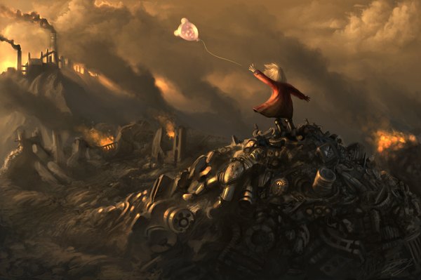 Anime picture 1100x733 with arcipello blonde hair smoke ruins girl fire child (children) balloon smoke stack garbage