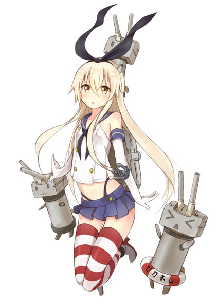 Anime picture 1000x1414 with kantai collection shimakaze destroyer rensouhou-chan pachi (sugiyama0306) single long hair tall image blush open mouth blonde hair simple background white background bare shoulders yellow eyes jumping girl thighhighs skirt gloves bow