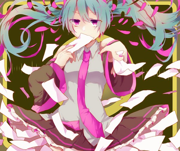 Anime picture 1000x838 with vocaloid mousou zei (vocaloid) hatsune miku moegi0926 single long hair looking at viewer fringe purple eyes twintails holding nail polish pleated skirt multicolored hair fingernails wide sleeves low twintails gradient hair girl skirt