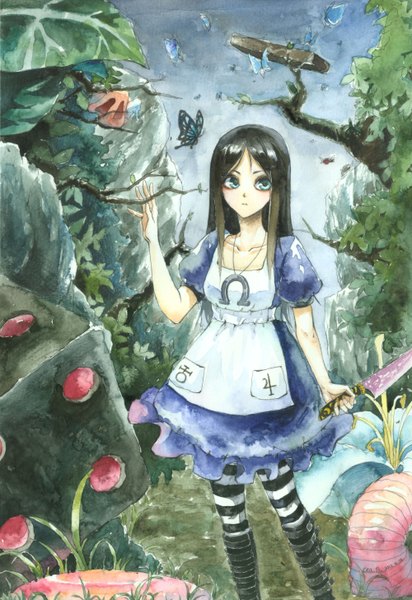 Anime picture 2000x2912 with alice in wonderland american mcgee's alice (game) alice: madness returns alice (wonderland) cea single long hair tall image highres blue eyes black hair traditional media watercolor (medium) girl dress flower (flowers) plant (plants) pantyhose tree (trees) pendant