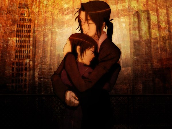 Anime picture 1600x1200 with blood+ production i.g otonashi saya haji short hair black hair ponytail eyes closed couple hug girl boy