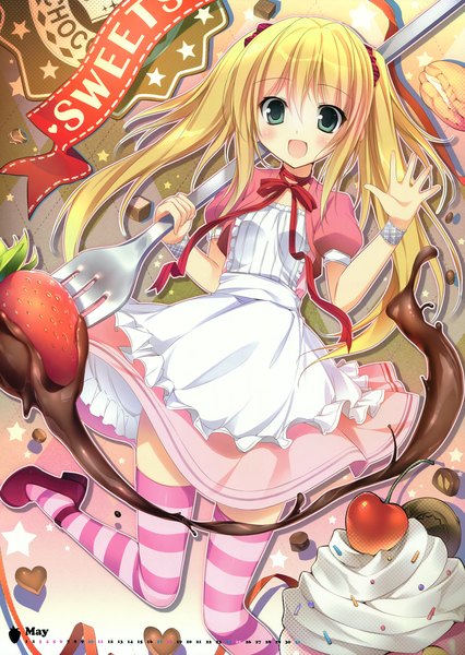 Anime picture 4969x7000 with original karory single long hair tall image blush highres open mouth blue eyes blonde hair twintails absurdres scan calendar 2014 girl thighhighs dress food sweets striped thighhighs