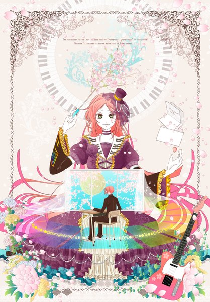 Anime picture 1261x1809 with haruichi long hair tall image short hair pink hair cherry blossoms girl dress boy flower (flowers) hat chair branch musical instrument guitar top hat