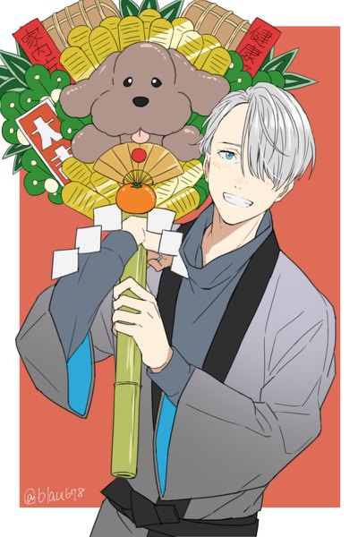 Anime picture 800x1200 with yuri!!! on ice mappa viktor nikiforov makkachin natsuko (bluecandy) single tall image looking at viewer fringe short hair blue eyes simple background smile holding silver hair traditional clothes japanese clothes hair over one eye red background framed