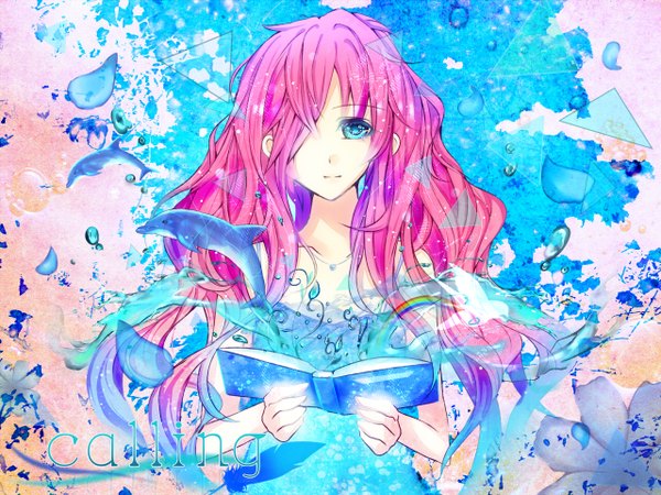 Anime picture 1280x960 with vocaloid megurine luka chaperu (mukuone) single long hair fringe blue eyes bare shoulders pink hair light smile hair over one eye girl dress water book (books) dolphin