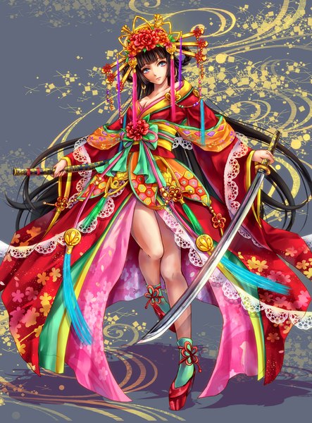 Anime picture 1700x2300 with original daphne zhang single long hair tall image looking at viewer blue eyes black hair standing traditional clothes japanese clothes hair flower alternate hairstyle girl hair ornament flower (flowers) ribbon (ribbons) weapon sword socks