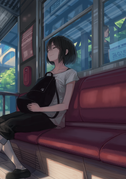 Anime picture 1000x1414 with original kaneni tall image fringe short hair black hair smile hair between eyes sitting multiple girls eyes closed shadow reflection solo focus paw print train interior girl boy 2 girls window