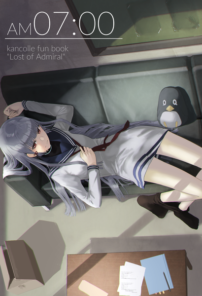 Anime picture 1200x1754 with kantai collection murakumo destroyer failure penguin (kantai collection) epitaph (1122) single long hair tall image looking at viewer fringe brown eyes lying blunt bangs from above grey hair inscription hand on chest arm behind head tress ribbon pantyhose pull time