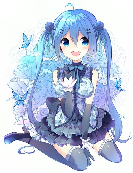 Anime picture 769x1000 with vocaloid hatsune miku ikari (aor3507) long hair tall image looking at viewer blush open mouth blue eyes sitting twintails blue hair ahoge bent knee (knees) braid (braids) hair flower high heels floral print hand on chest happy