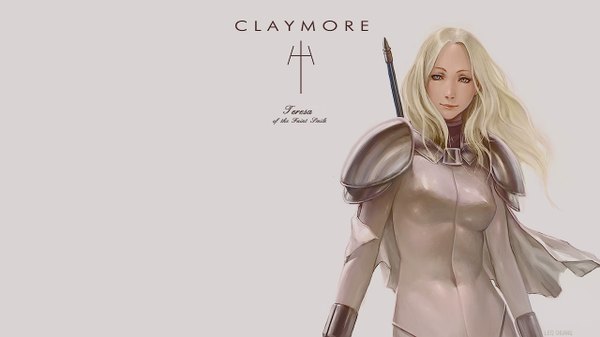 Anime picture 1280x720 with claymore madhouse teresa gooloo0-o single long hair blonde hair wide image realistic wallpaper silver eyes girl weapon armor cloak