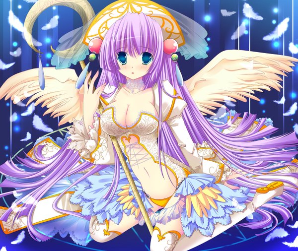 Anime picture 1280x1080 with original hinata momo single long hair blush blue eyes light erotic purple hair kneeling angel girl underwear hat wings thigh boots feather (feathers) staff