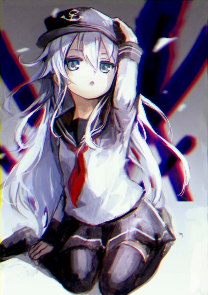 Anime picture 2894x4093 with kantai collection hibiki destroyer tsukun112 single long hair tall image looking at viewer highres blue eyes sitting silver hair wariza hand on head anaglyph girl thighhighs skirt black thighhighs miniskirt sailor suit