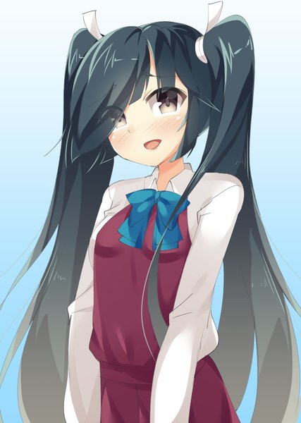 Anime picture 612x859 with kantai collection hayashimo destroyer kankitsunabe (citrus) single long hair tall image looking at viewer blush fringe open mouth black hair smile standing twintails brown eyes payot upper body long sleeves head tilt :d