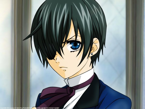 Anime picture 1600x1200 with kuroshitsuji a-1 pictures ciel phantomhive single looking at viewer fringe short hair blue eyes black hair upper body indoors face angry frown boy earrings bowtie eyepatch