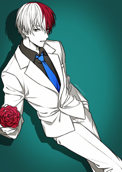 Anime picture 802x1134 with boku no hero academia studio bones todoroki shouto welllllll single tall image looking at viewer short hair simple background white hair red hair multicolored hair from above two-tone hair shadow dated hand in pocket formal aqua background boy