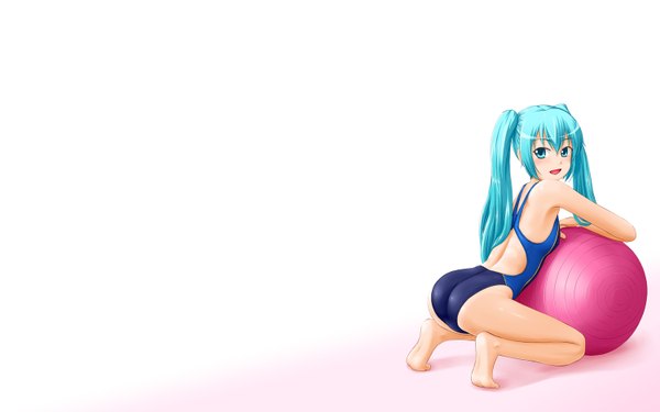 Anime picture 1500x938 with vocaloid hatsune miku single long hair open mouth light erotic simple background wide image white background twintails looking back aqua eyes aqua hair girl swimsuit