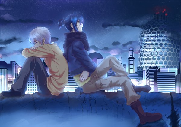 Anime picture 2800x1975 with no.6 studio bones nezumi (no.6) shion (no.6) neun9 fringe highres short hair purple hair silver hair cloud (clouds) profile night city back to back boy jacket boots scarf building (buildings)