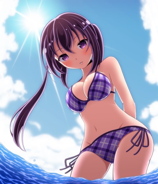 Anime picture 1425x1650 with gochuumon wa usagi desu ka? white fox tedeza rize osaji0909 single long hair tall image looking at viewer breasts light erotic purple eyes twintails sky purple hair cloud (clouds) girl navel swimsuit bikini sea