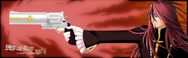 Anime picture 1598x500 with d.gray-man cross marian louen666 single long hair smile wide image brown eyes red hair profile inscription coloring magic framed boy gloves gun pistol beard