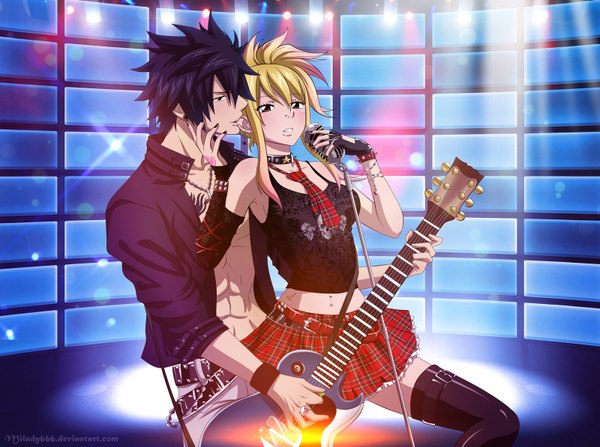 Anime picture 1600x1193 with fairy tail lucy heartfilia gray fullbuster milady666 long hair blush short hair black hair blonde hair brown eyes nail polish black eyes tattoo piercing light muscle gothic girl thighhighs boy
