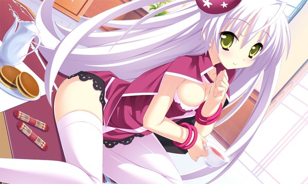 Anime picture 1024x614 with twinkle crusaders twinkle crusaders -passion star stream- lullshare single long hair looking at viewer blush light erotic smile wide image sitting green eyes game cg ahoge white hair girl thighhighs dress white thighhighs bracelet