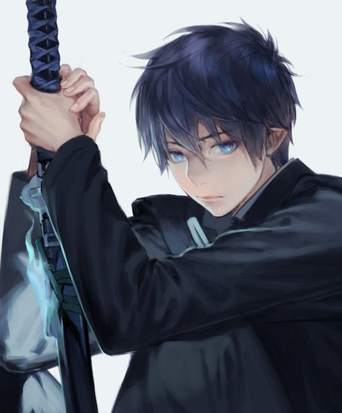 Anime picture 1000x1205 with ao no exorcist a-1 pictures okumura rin noako (artist) single tall image short hair blue eyes black hair white background pointy ears glowing boy uniform weapon school uniform sword katana