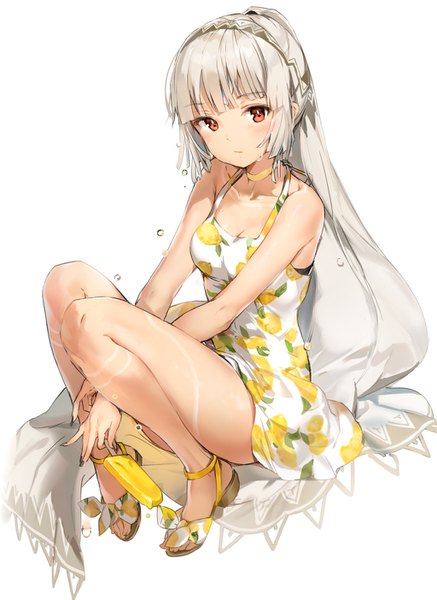 Anime picture 1023x1403 with fate (series) fate/grand order fate/extra fate/extella altera (fate) anmi single tall image looking at viewer blush fringe short hair simple background red eyes white background sitting bare shoulders holding payot full body
