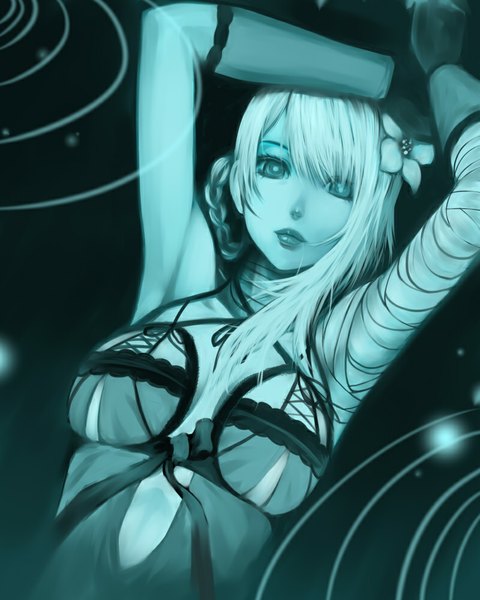 Anime picture 800x1000 with nier kaine (nier) jiang single long hair tall image looking at viewer breasts cleavage white hair braid (braids) hair flower lips armpit (armpits) single braid monochrome dark background hair over shoulder ripples girl