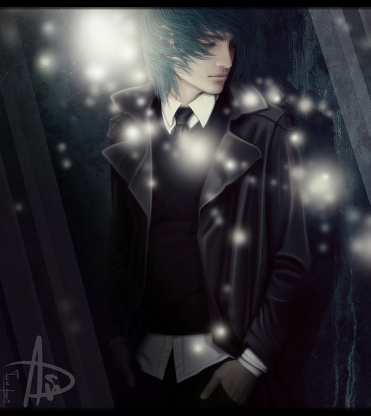 Anime picture 1541x1728 with original ripa666 single tall image short hair looking away green hair lips realistic letterboxed hands in pockets boy necktie vest coat