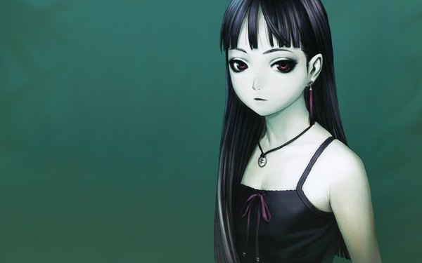Anime picture 1680x1050 with original range murata single long hair looking at viewer black hair simple background wide image bare shoulders pink eyes wallpaper lipstick flat chest pale skin third-party edit expressionless green background extended girl earrings