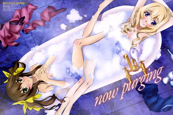 Anime picture 6115x4079 with infinite stratos 8bit cecilia orcott fang linyin tsurumoto shinko long hair blush highres blue eyes light erotic blonde hair smile brown hair twintails multiple girls green eyes absurdres official art girl bow