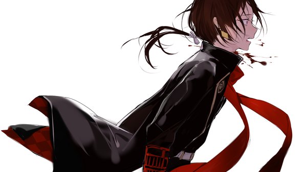 Anime picture 1920x1080 with touken ranbu nitroplus kashuu kiyomitsu qidai single long hair highres open mouth simple background red eyes brown hair wide image white background profile low ponytail boy earrings scarf blood red scarf