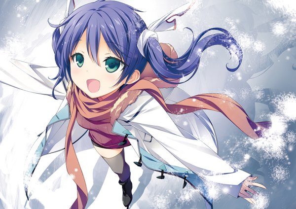 Anime picture 1600x1131 with mayo chiki! feel (studio) usami masamune single long hair looking at viewer fringe open mouth blue eyes hair between eyes twintails blue hair :d from above wind snowing spread arms winter girl thighhighs
