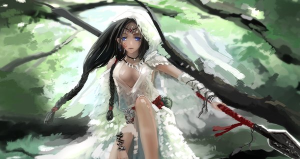 Anime picture 1920x1022 with original kikivi single long hair looking at viewer highres breasts blue eyes light erotic black hair wide image holding bent knee (knees) braid (braids) blurry teeth fang (fangs) twin braids outstretched arm facial mark