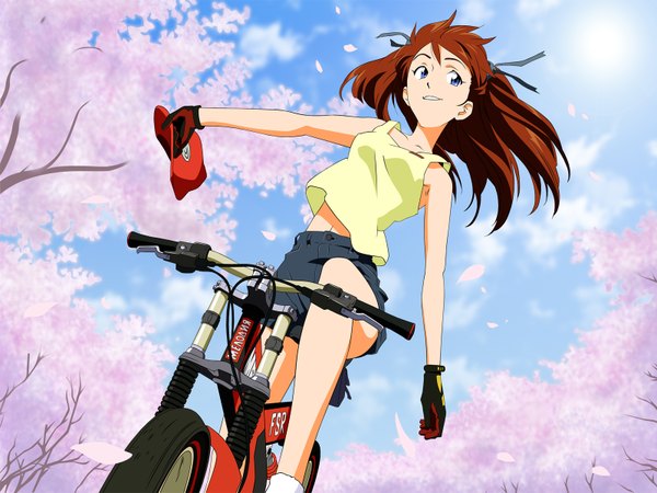 Anime picture 1600x1200 with neon genesis evangelion rebuild of evangelion evangelion: 2.0 you can (not) advance gainax soryu asuka langley single long hair blue eyes smile brown hair cherry blossoms girl gloves ribbon (ribbons) shorts ground vehicle cap flat cap bicycle