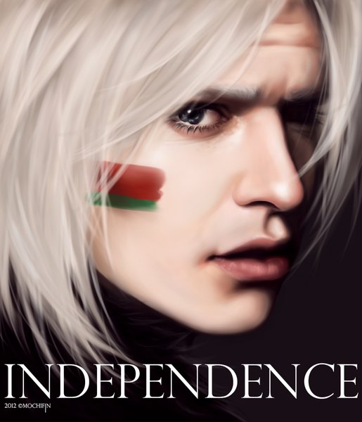 Anime picture 1700x1980 with axis powers hetalia studio deen belarus (hetalia) mochifin single tall image looking at viewer short hair open mouth white hair realistic inscription close-up face face paint flag print boy