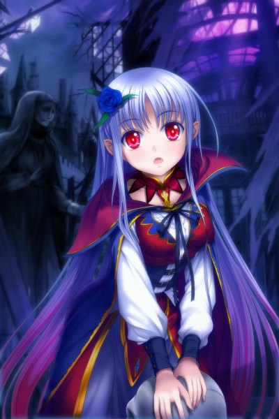 Anime picture 800x1200 with original mutsuki (moonknives) single long hair tall image looking at viewer open mouth red eyes silver hair hair flower teeth fang (fangs) girl dress hair ornament flower (flowers)