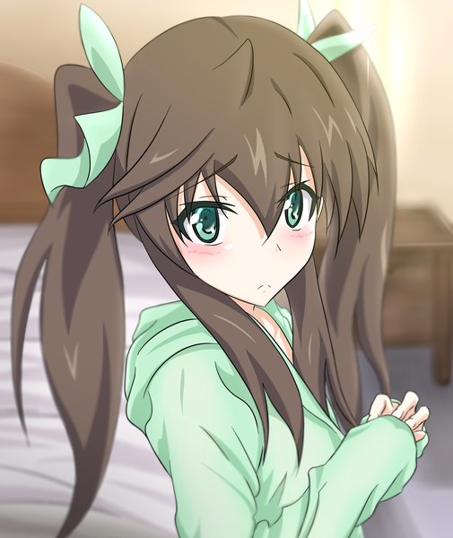 Anime picture 1600x1900 with infinite stratos 8bit fang linyin wingheart single long hair tall image blush brown hair twintails green eyes girl