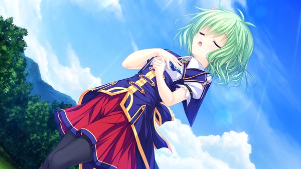 Anime picture 1920x1080 with justy nasty whirlpool (studio) kagami hibiki mikagami mamizu highres short hair open mouth wide image game cg cloud (clouds) eyes closed green hair girl uniform school uniform