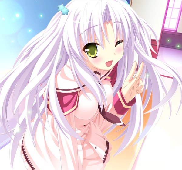 Anime picture 1024x953 with twinkle crusaders twinkle crusaders -passion star stream- lullshare single long hair looking at viewer blush open mouth green eyes game cg white hair one eye closed wink victory girl uniform hair ornament school uniform necktie star hair ornament