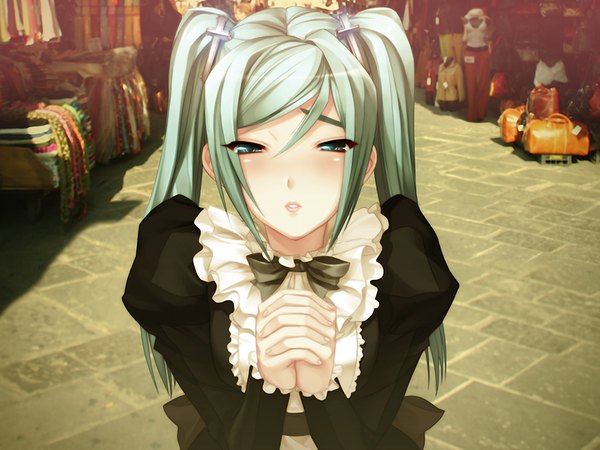 Anime picture 1024x768 with carnevale della luce della luna lunaria green eyes game cg green hair maid girl