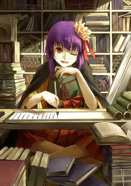 Anime picture 900x1273 with touhou hieda no akyuu nishiuri (artist) single tall image looking at viewer short hair open mouth red eyes purple hair indoors traditional clothes japanese clothes one eye closed hair flower wink girl hair ornament flower (flowers) book (books)