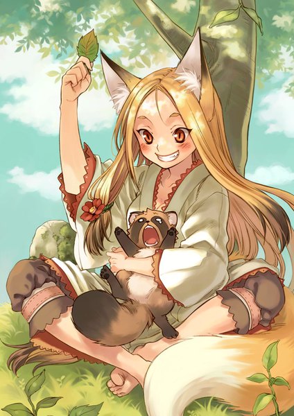 Anime picture 600x849 with original yuuryuu nagare single long hair tall image blush smile red eyes sitting holding animal ears outdoors tail animal tail barefoot hair flower fox ears grin crossed legs fox tail