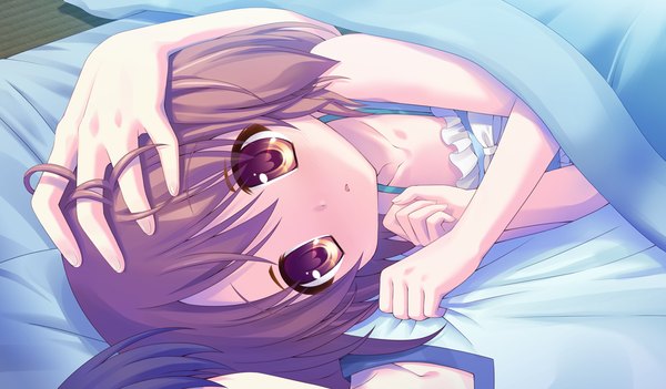 Anime picture 1024x600 with tsukumonotsuki short hair red eyes brown hair wide image game cg lying loli girl