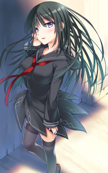 Anime picture 752x1200 with black bullet kinema citrus tendou kisara sousouman single long hair tall image looking at viewer blush open mouth black hair purple eyes girl thighhighs dress uniform black thighhighs necktie